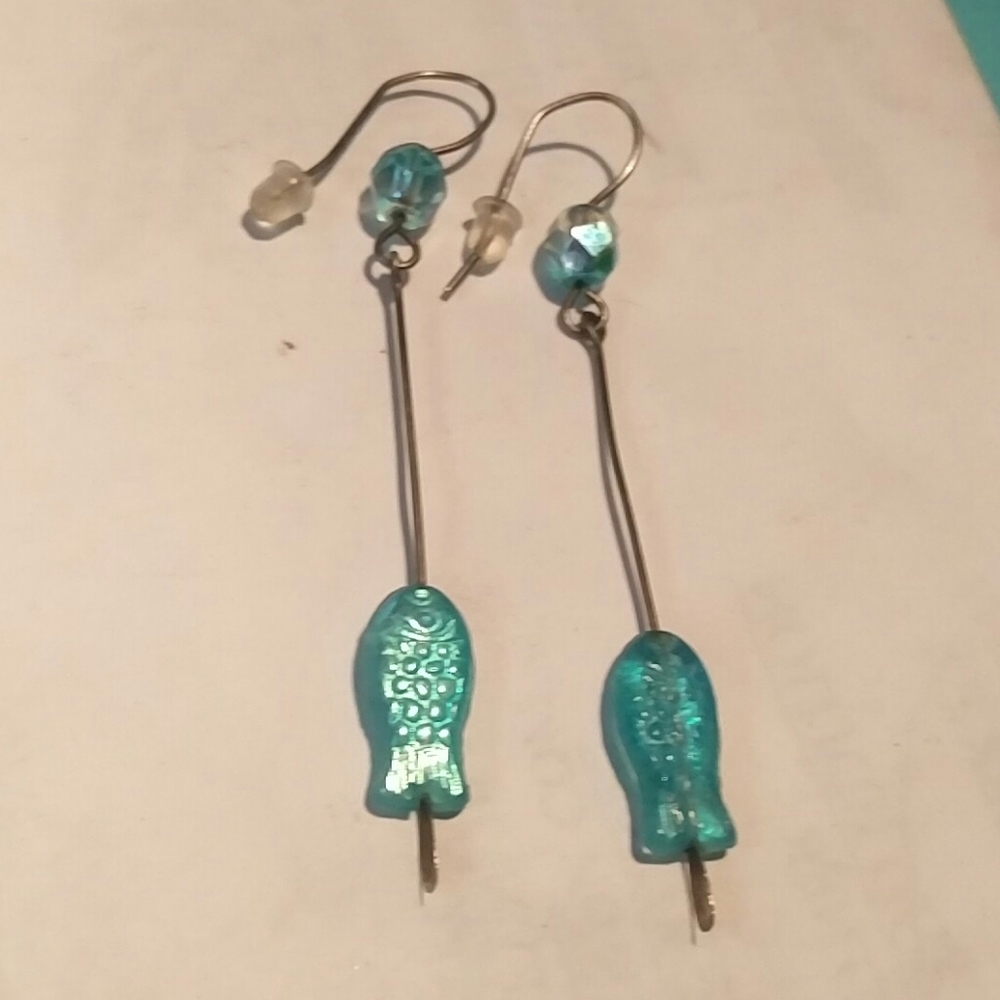 Czech ab aqua glass Fish dangling earrings